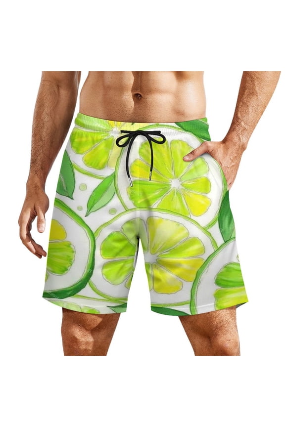 Line Art Lime Leaf Pattern Men's Beach Shorts, Breathable Mesh Lining Quick Dry with Pockets, Casual Swimwear for Adults,