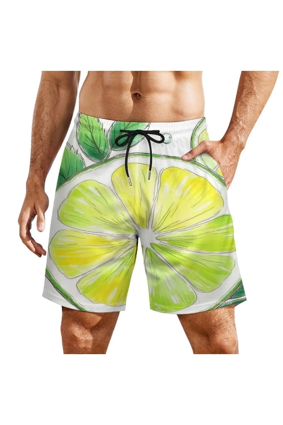 Line Drawing Lime Pattern Men's Beach Shorts, Breathable Mesh Lining Quick Dry with Pockets, Casual Swimwear for Adults,