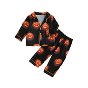 GXFC Little Boys Halloween Pajamas Outfits 1T 2T 3T 4T 5T 6T Kids Boys Long Sleeve Pumpkin Print Button-Down Collar Shirt Tops+Pants Sleepsuit Children Halloween Two Piece Sleepwear Set 1-6T