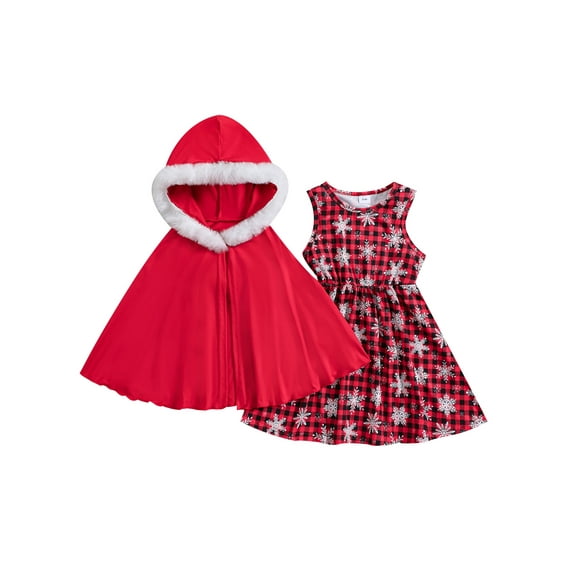 GXFC Little Girl Christmas Holiday Party Outfits Clothes 3T 4T 5T 6T 7T Kids Girls Hooded Cloak+Sleeveless Dress 2Pcs Holiday-themed Clothing for Children Girl