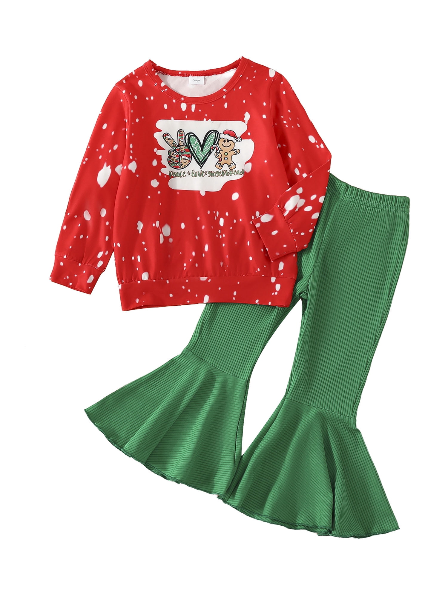 GXFC Little Girl Christmas Holiday Party Outfits Clothes 3T 4T 5T 6T 7T Kids Girls Long Sleeve Letter Gingerbread Print Sweatshirt+Flared Pants 2Pcs Holiday-themed Clothing for Children Girl