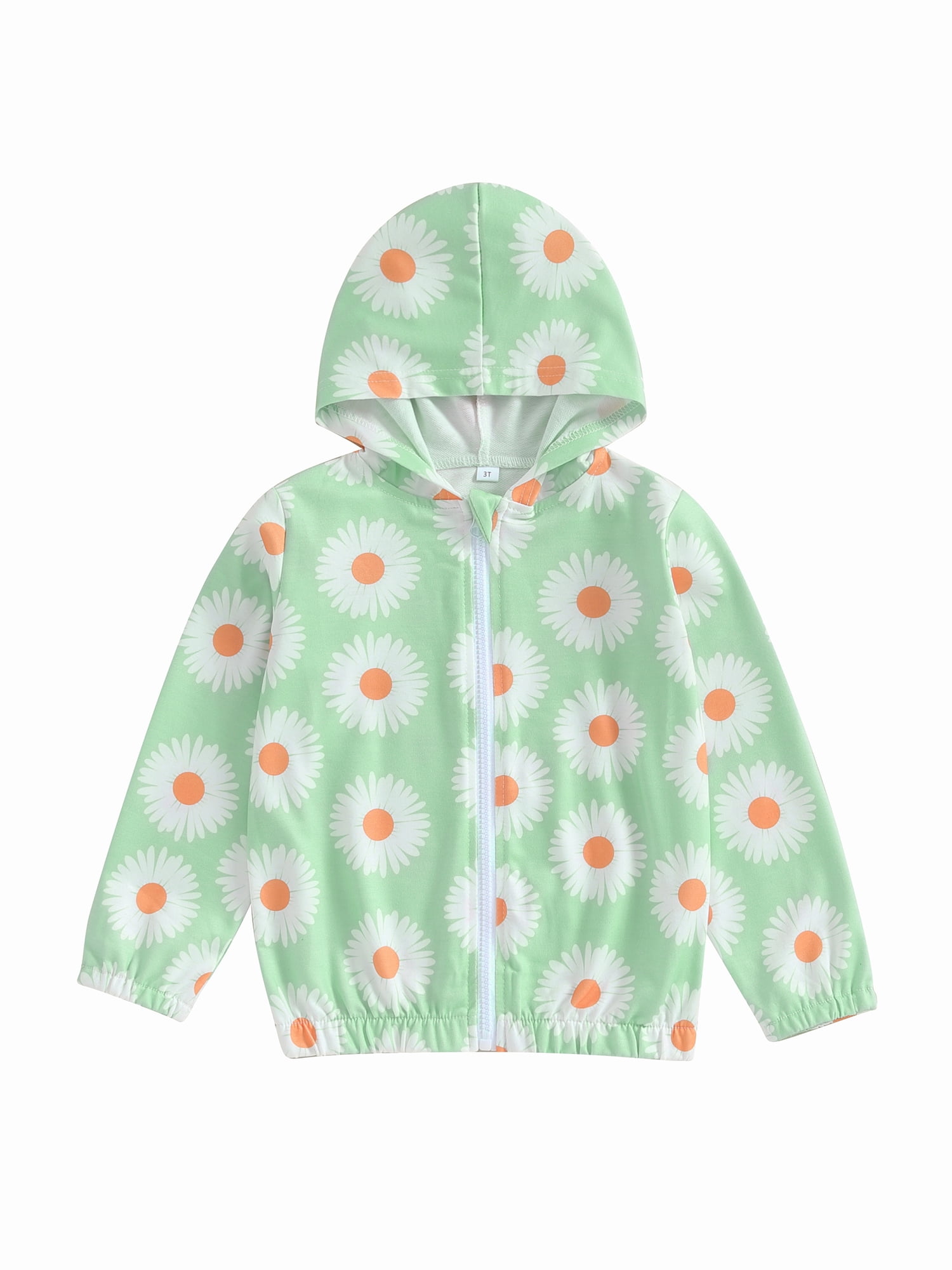 Girls Light Green Graphics Printed Quilted Hooded Zip-up Jacket