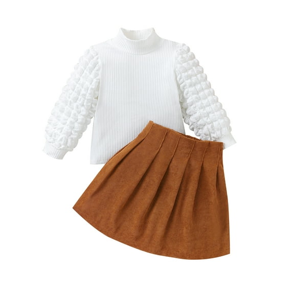 GXFC Little Girl Fall Outfits Clothes 4T 5T 6T 7T Kids Girl Long Bubble Sleeve Sweater Tops and Pleated Skirt 2Pcs Casual Autumn Clothing for Children Girl
