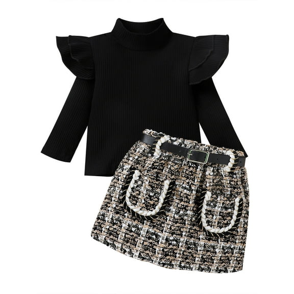 GXFC Little Girl Fall Skirt Outfits Set Clothes 6M 1T 2T 3T 4T 5T Kids Girl Long Sleeve Semi-high Collar Sweatshirt Tops and Tweed Skirt with Belt 2Pcs Casual Autumn Clothing for Children Girl