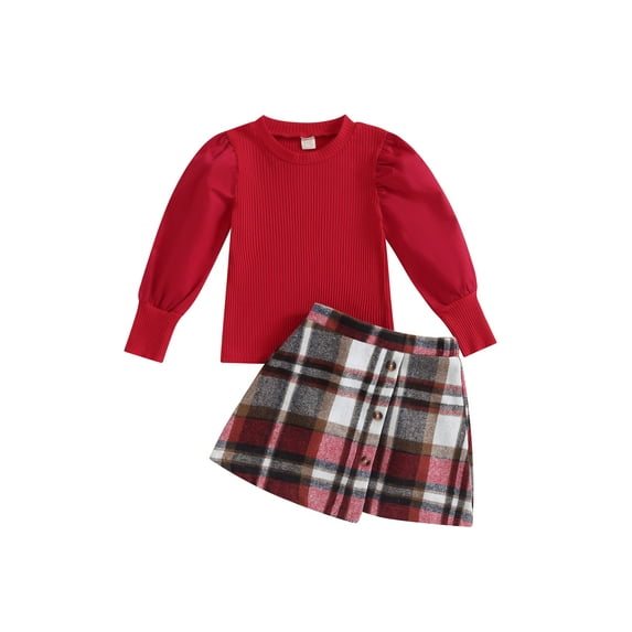 GXFC Little Girl Skirt Outfits Set Clothes 3T 4T 5T 6T 7T 8T Kids Girl Long Sleeve Knit Sweatshirt Tops and Plaid Mini Skirt 2Pcs Casual Spring Fall Clothing for Children Girl