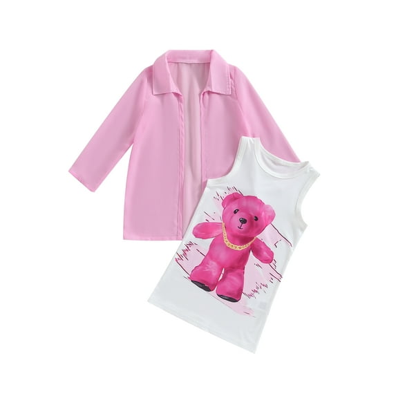 GXFC Little Girl Summer Outfits Clothes 3T 4T 5T 6T 7T Kids Girl Bear Print Sleeveless Tank Dresses and Lightweight Cardigan 2Pcs Casual Clothing for Children Girl