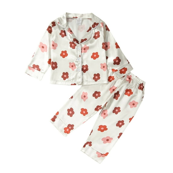 GXFC Little Girls Boy Pajamas Set 1 2 3 4 5 6 7T Kids Long Sleeve Button-Down Collar Floral /Cow Shirt Tops+Elastic Long Pants 2Pcs Sleepsuit Spring FSleepwear Clothes for Children Boy Girls