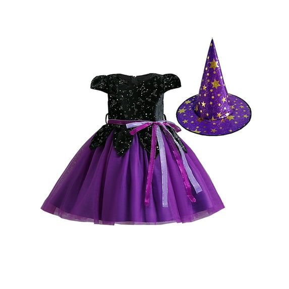 GXFC Little Girls Halloween Dress 3T 4T 5T 6T 7T 8T Kids Girls Sleeveless Cosplay Princess Dress Tulle Tutu A-line Dress with Witch Hat Children Girls Cute Halloween Costume Stage Party