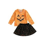 GXFC Little Girls Halloween Outfits Clothes 3T 4T 5T 6T 7T 8T Kids Girls Long Sleeve Pumpkin Face Print Sweatshirt+Short Skirt 2Pcs Halloween-themed Clothing for Children Girls