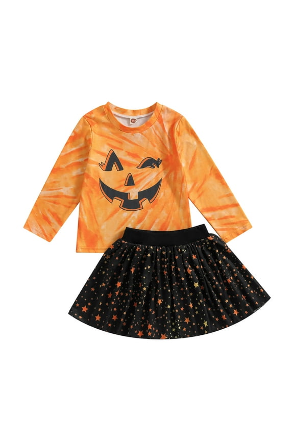 Little Girls Halloween Outfits Clothes 3T 4T 5T 6T 7T 8T Kids Girls Long Sleeve Pumpkin Face Print Sweatshirt+Short Skirt 2Pcs Halloween-themed Clothing for Children Girls