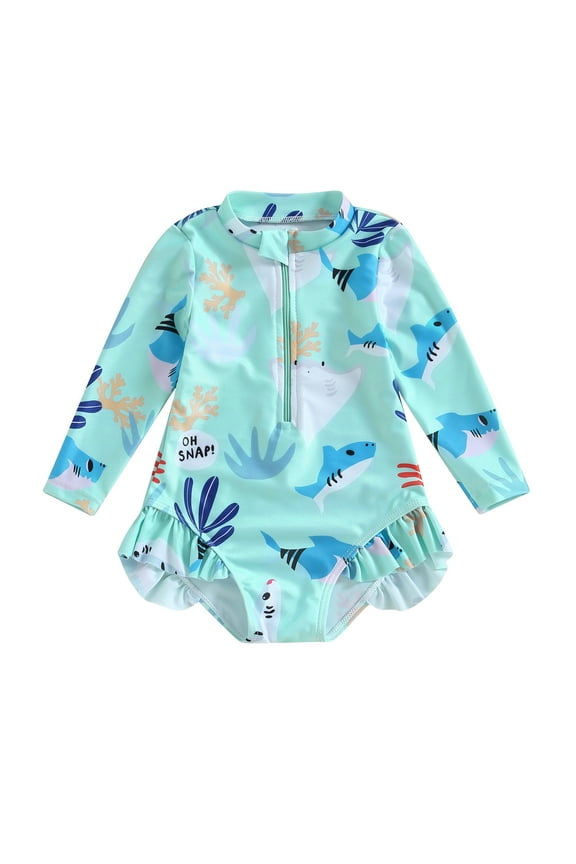 Little Girls One Piece Swimsuits 9M 1T 2T 3T 4T 5T Kids Girls Long Sleeve Zip-up Ruffle Sea Animal Print Swimwear Child Girls Rash Guards Beach Bathing Suit