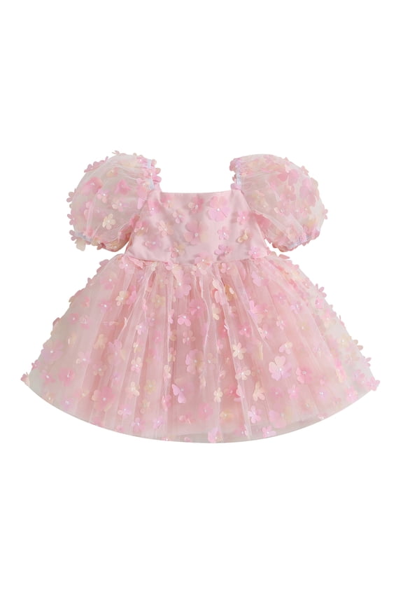 Little Girls Princess Dress 1T 2T 3T 4T 5T 6T Kids Girls Short Puff Sleeve Bowknot Flower Dress Children Girls Summer Mesh Tulle A-line Dress