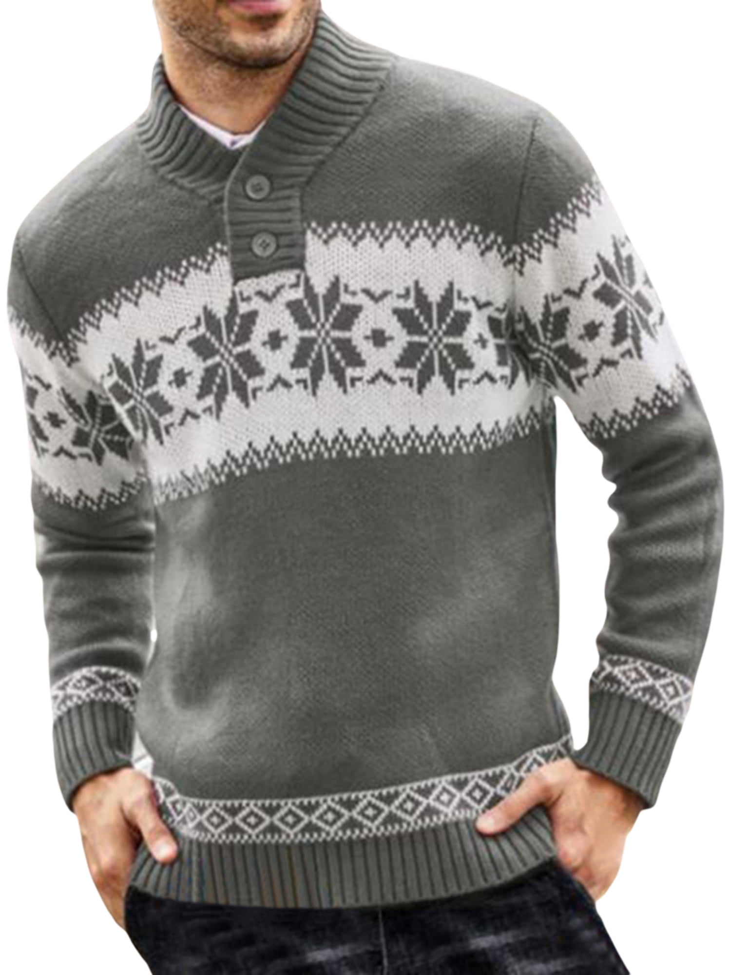 GXFC Men Christmas Sweater Snowflake Print Long Sleeve Henley Kint ...