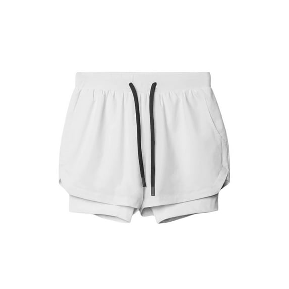 GXFC Men Sports Casual Shorts Double Layer Fake Two-Piece Solid Color Drawstring Elastic Waist Short Pants Fitness Shorts