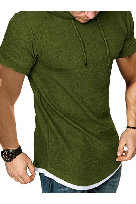 Men's Hoodie Short Sleeve Hooded Drawstring Muscle Fitness Tops Summer Sports T-Shirt