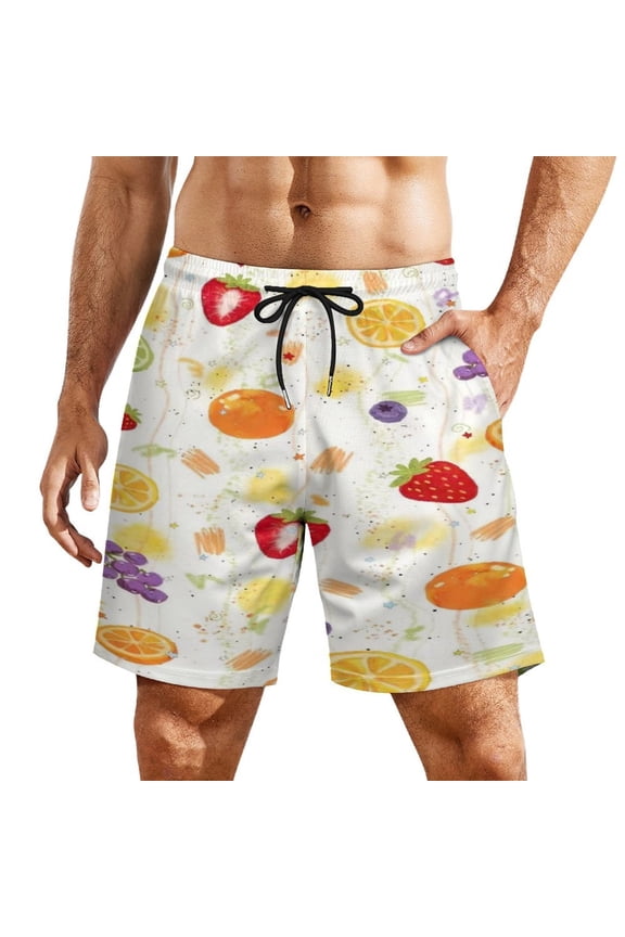 Mixed Berry Watercolor Pattern Men's Beach Shorts, Breathable Mesh Lining Quick Dry with Pockets, Casual Swimwear for Adults,