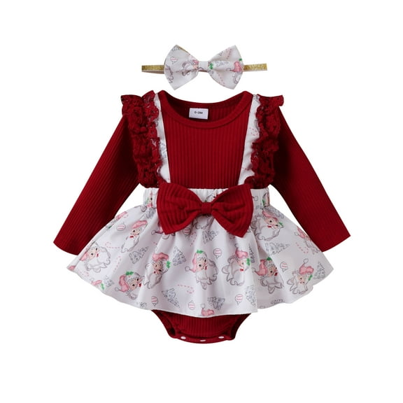 GXFC Newborn Girls Christmas Princess Dress Clothes 3M 6M 12M Infant Girls Long Sleeve Bow Rompers A-line Dress with Headband Christmas Holiday-themed Dress Clothing for Baby Girls
