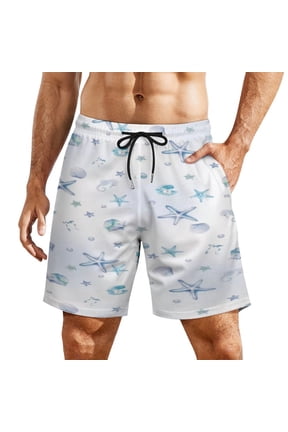 Ocean Shell Starfish Pattern Men's Beach Shorts, Breathable Mesh Lining Quick Dry with Pockets, Casual Swimwear for Adults,
