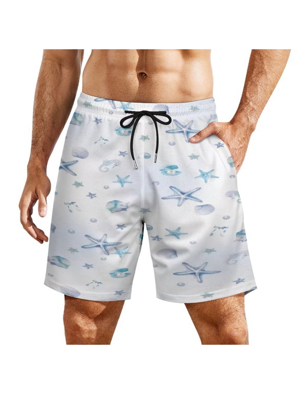 Ocean Shell Starfish Pattern Men's Beach Shorts, Breathable Mesh Lining Quick Dry with Pockets, Casual Swimwear for Adults,