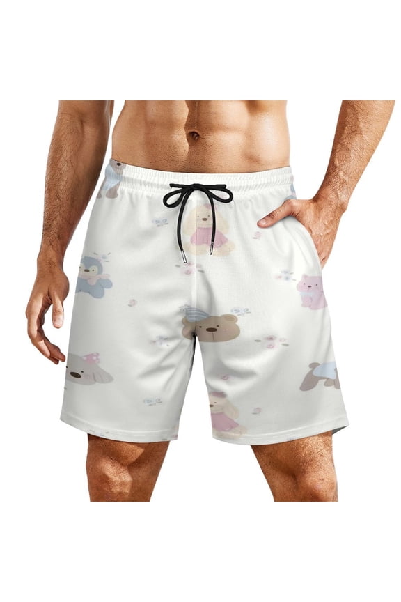 Pastel Puppy Bear Floral Pattern Men's Beach Shorts, Breathable Mesh Lining Quick Dry with Pockets, Casual Swimwear for Adults,