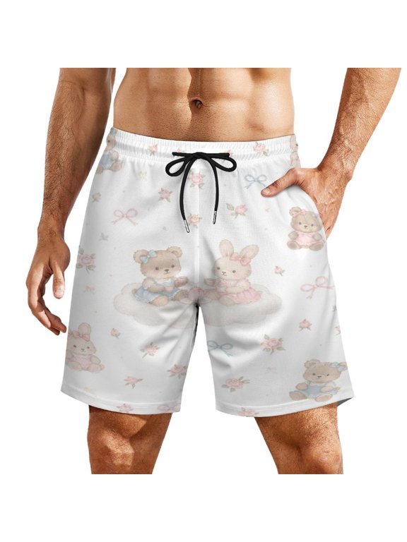 Pastel Teddy Bear Bunny Cloud Tea Party Rose Pattern Men's Beach Shorts, Breathable Mesh Lining Quick Dry with Pockets, Casual Swimwear for Adults,