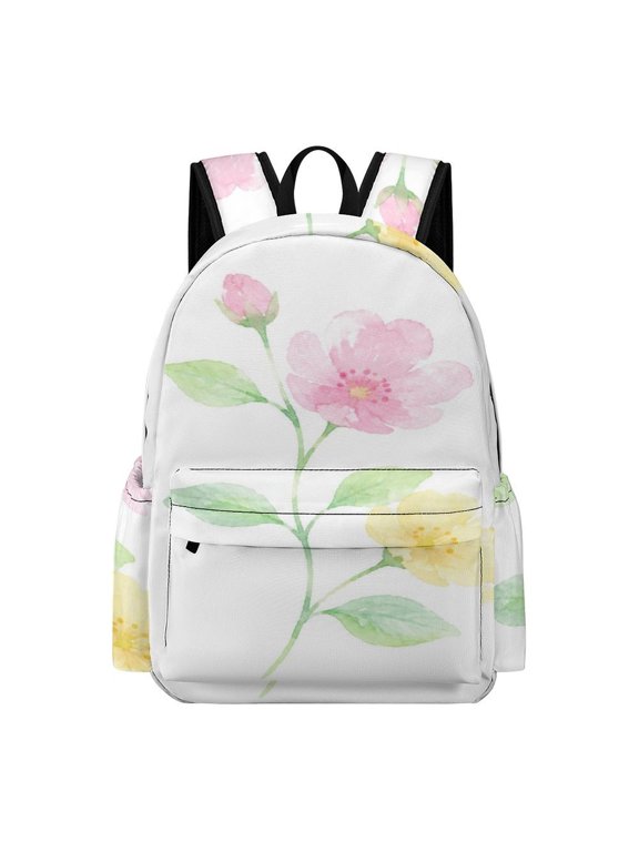 Pink Yellow Watercolor Blossom Stem Printed Oxford Backpack, Large Capacity Laptop Backpack, Water Resistant, Travel Daypack for College Work Commuting Adults,