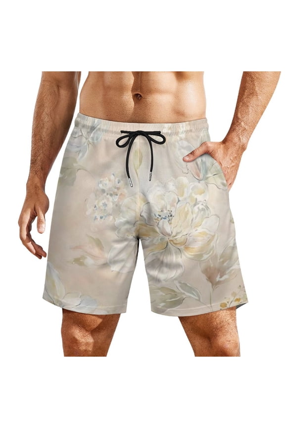 Soft Peony Watercolor Pattern Men's Beach Shorts, Breathable Mesh Lining Quick Dry with Pockets, Casual Swimwear for Adults,