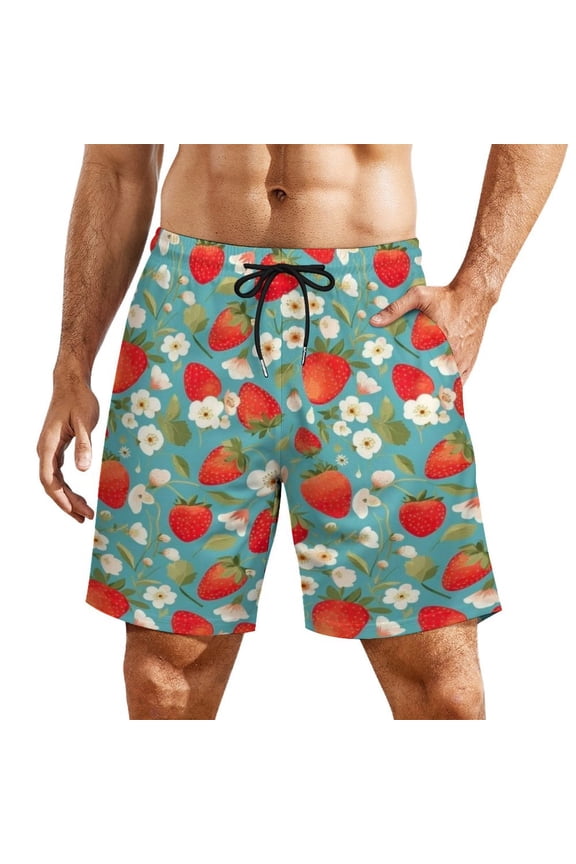 Strawberry Blossom Pattern Men's Beach Shorts, Breathable Mesh Lining Quick Dry with Pockets, Casual Swimwear for Adults,