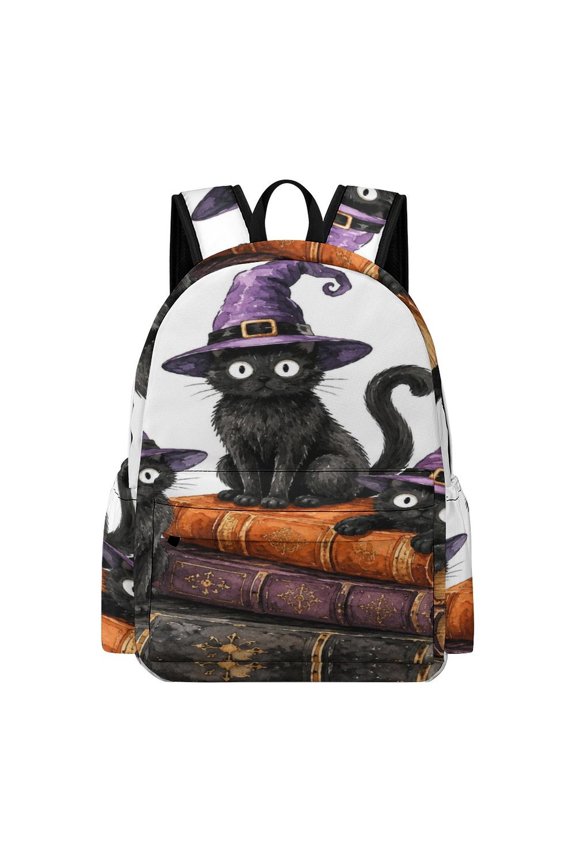 Three Witch Cats Stacked Spell Books Printed Oxford Backpack, Large Capacity Laptop Backpack, Water Resistant, Travel Daypack for College Work Commuting Adults,