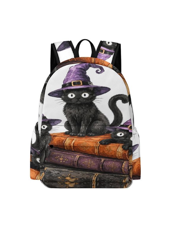 Three Witch Cats Stacked Spell Books Printed Oxford Backpack, Large Capacity Laptop Backpack, Water Resistant, Travel Daypack for College Work Commuting Adults,