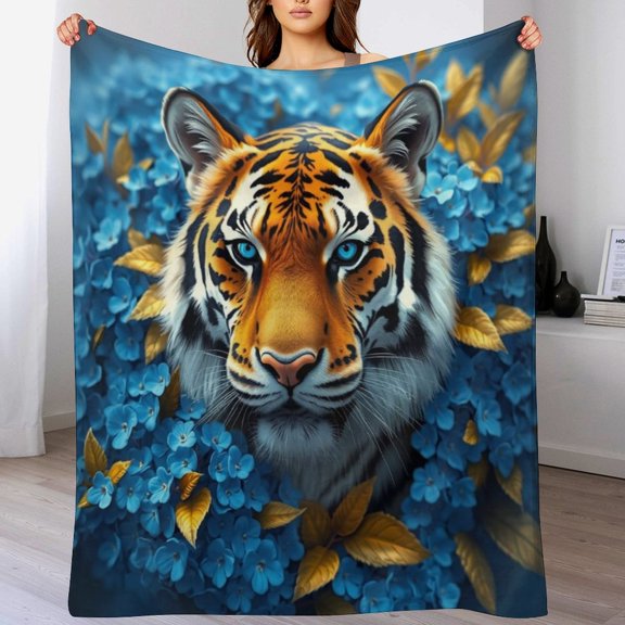 GXFC Tiger blue flowers, winter sofa dormitory home decoration, must-have travel product. Size is 30x40 inches.