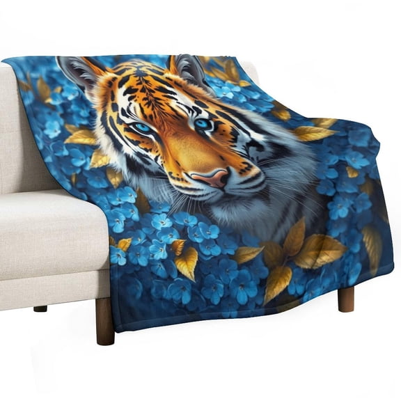 GXFC Tiger blue flowers, winter sofa dormitory home decoration, must-have travel product. Size is 40x50 inches.