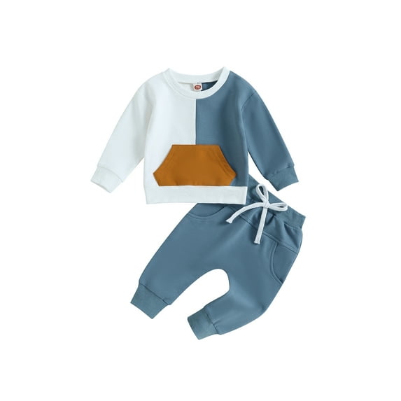 GXFC Toddler Baby Boys Fall Contrast Color Outfits Newborn Boys Long Sleeve Patchwork Sweatshirt and Elastic Pants Infant Boys Autumn Two Piece Set 0-3T