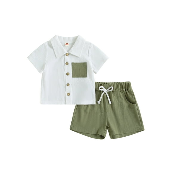 GXFC Toddler Baby Boys Summer Contrast Color Shorts Outfits Infant Boys Short Sleeve Lapel Button Down Shirt Tops with Pocket and Short Pants Set Casual Clothes 2Pcs 0-3T