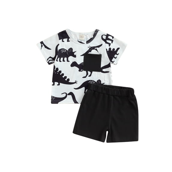 GXFC Toddler Baby Boys Summer Contrast Color Shorts Outfits Kids Boys Short Sleeve Dinosaur Print T-Shirt Tops with Pocket and Short Pants Set Casual Clothes 2Pcs 6M-4T