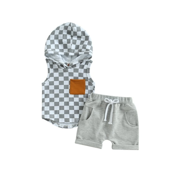 GXFC Toddler Baby Boys Summer Shorts Outfits Infant Boys Sleeveless Checkerboard Print Pocket Hooded Shirt Tops+Plaid Short Pants Set Casual Clothes 2Pcs 0-3T