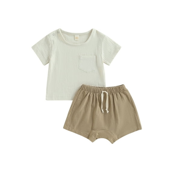 GXFC Toddler Baby Boys Summer Solid Shorts Outfits Infant Boys Short Sleeve T-Shirt Tops with Pocket and Elastic Short Pants Newborn Boys Summer Two Piece Set 0-3T