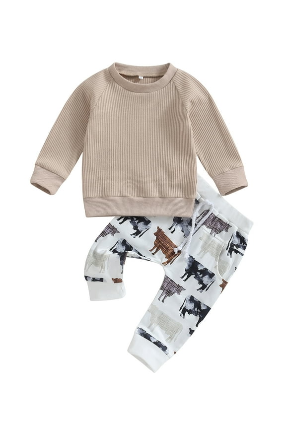 Toddler Boys Fall Outfits Set Clothes 6M 1T 2T 3T Kids Boys Long Sleeve Sweatshirt Cow Elastic Waistband Sweatpants 2 Piece Casual Autumn Clothing for Children Boys