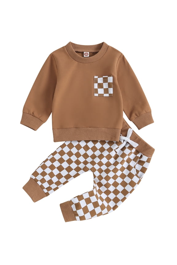 Toddler Boys Fall Plaid Outfits Infant Boys Long Sleeve Sweatshirt Tops with Pocket and Sweatpants Pants Newborn Boys Autumn Two Piece Set 0-3T