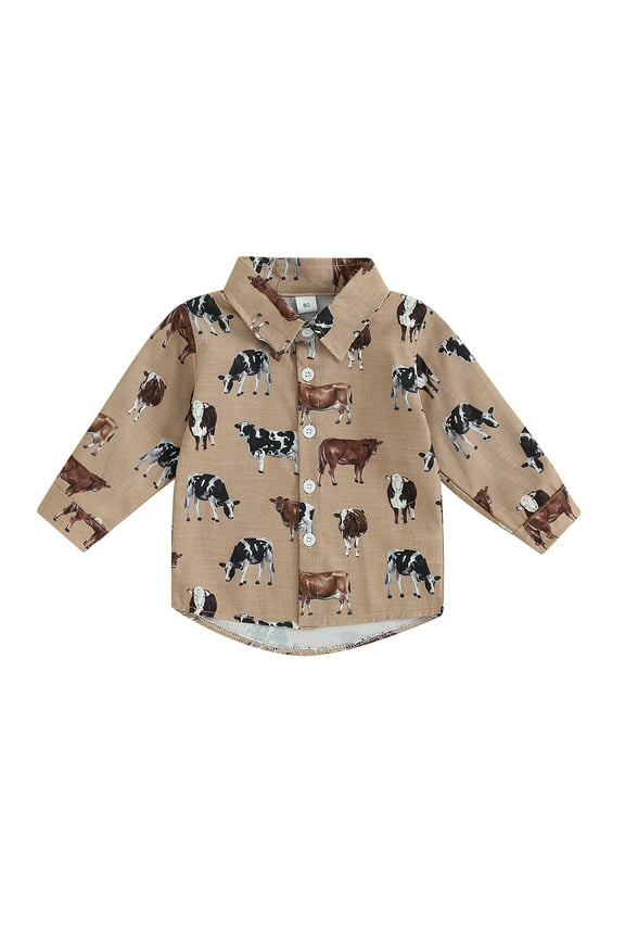 Toddler Boys Fall Shirt Clothes 6M 1T 2T 3T 4T Kids Boys Long Sleeve Cow Print Button Down Collar T-shirt Tops Spring Autumn Clothing for Children Boys