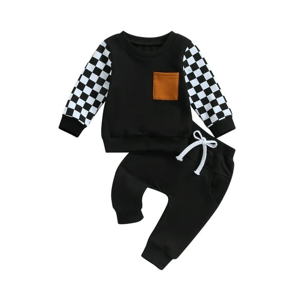 GXFC Toddler Boys Fall Tracksuit Outfits Clothes 6M 1T 2T 3T Kids Boys Long Sleeve Plaid Pattern Sweatshirt and Elastic Waistband Sweatpants 2 Piece Casual Autumn Clothing for Children Boys