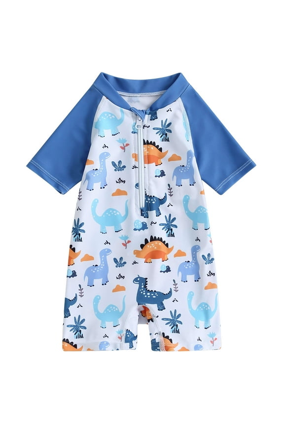 Toddler Boys Girls One Piece Swimsuits Kids Short Sleeve Zip-up Ruffle Dinosaur Print Swimwear Children Rash Guards Beach Bathing Top 6M-5T
