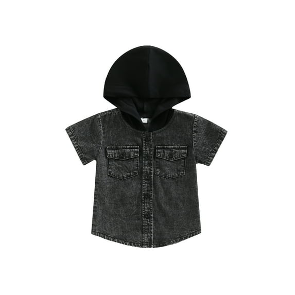 GXFC Toddler Boys Hooded Shirt Kids Boys Short Sleeve Solid Button Closure Hooded T Shirt Summer Child Boy Casual Shirt Tops 1-5T