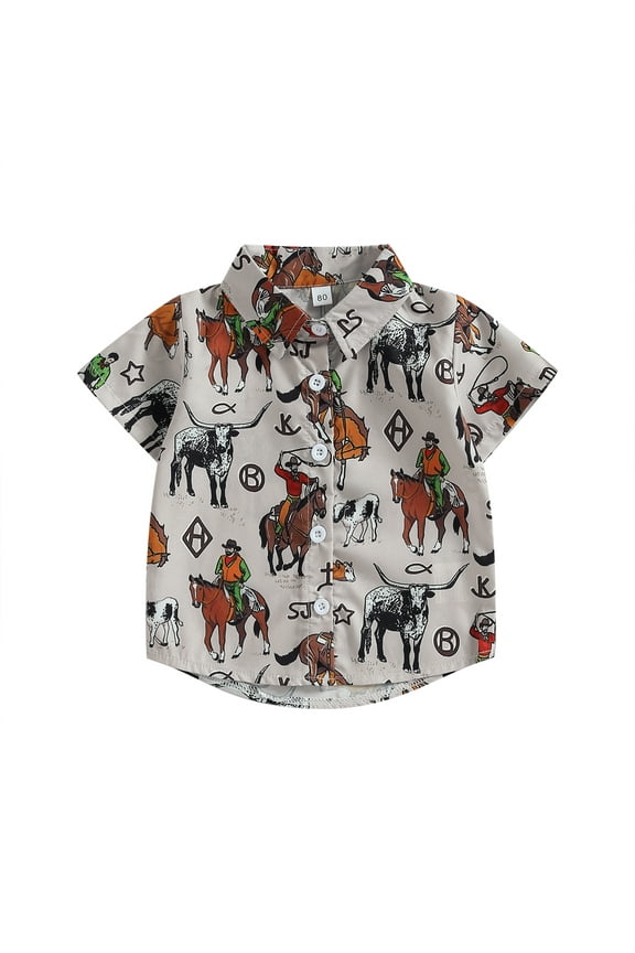 Toddler Boys Summer Casual Shirt 6M 1T 2T 3T 4T Kids Boys Short Sleeve Graphic Print Button Turn-down Collar T Shirt Tops 6M-4T