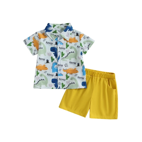 GXFC Toddler Boys Summer Dinosaur Print Shorts Outfits Kids Boys Short Sleeve Turn-Down Collar Tops and Short Pants Set Casual Clothes 2Pcs 1-5T