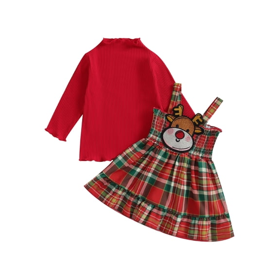GXFC Toddler Girl Christmas Holiday Party Outfits Clothes 6M 1T 2T 3T 4T Kids Girls Long Sleeve Elk Plaid Print Sweatshirt+Slip Skirt 2Pcs Holiday-themed Clothing for Children Girl