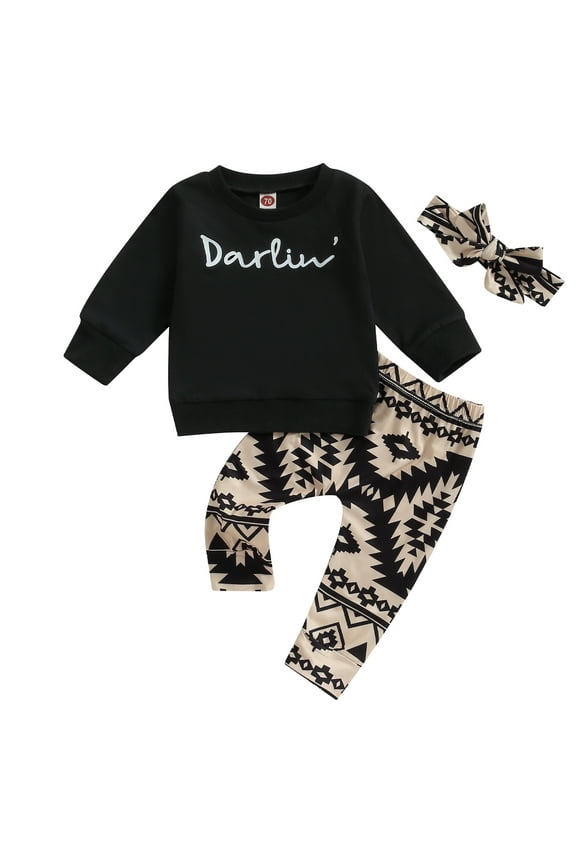 Toddler Girl Fall Outfits Clothes 6M 1T 2T 3T Kids Girl Long Sleeve Sweatshirt and Geometric Pattern Pants and Headband 3Piece Casual Autumn Clothing for Children Girl