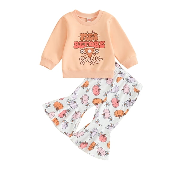 GXFC Toddler Girl Thanksgiving Outfits Set Clothes 6M 12M 18M 2T 3T 4T Kids Girls Long Sleeve Letter Print Sweatshirt+Pie Print Flare Pants 2Pcs Thanksgiving Clothing for Children Girl