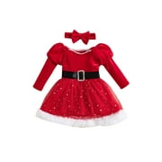 GXFC Toddler Girls Christmas Dress Clothes 6M 1T 2T 3T 4T Kids Girls Long Sleeve Stars Patchwork Princess Dress with Headband Christmas Holiday-themed Clothing for Children Girls