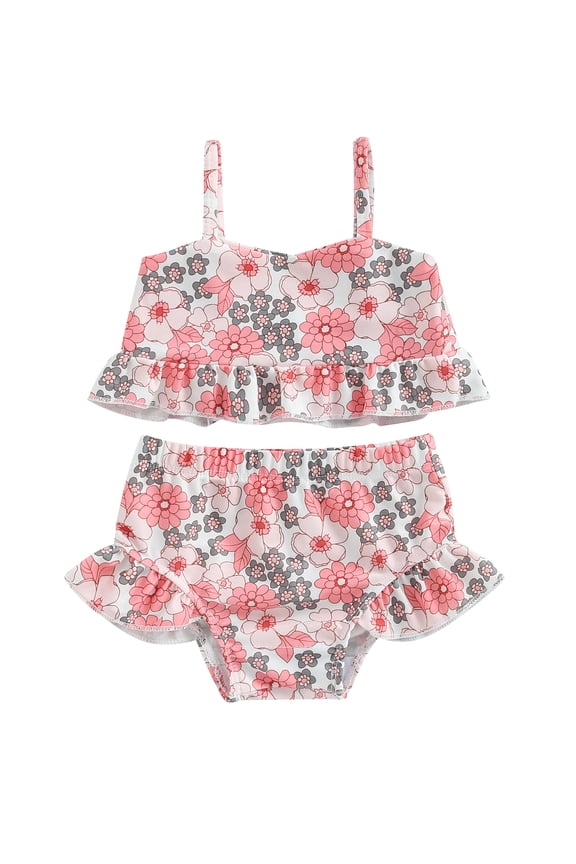 Toddler Girls Floral Bikinis Swimsuits Infant Girls Sling Ruffled Crop Tops+Briefs Bathing Suit Newborn Girls Swimwear Beachwear 2Pcs 6M-3T